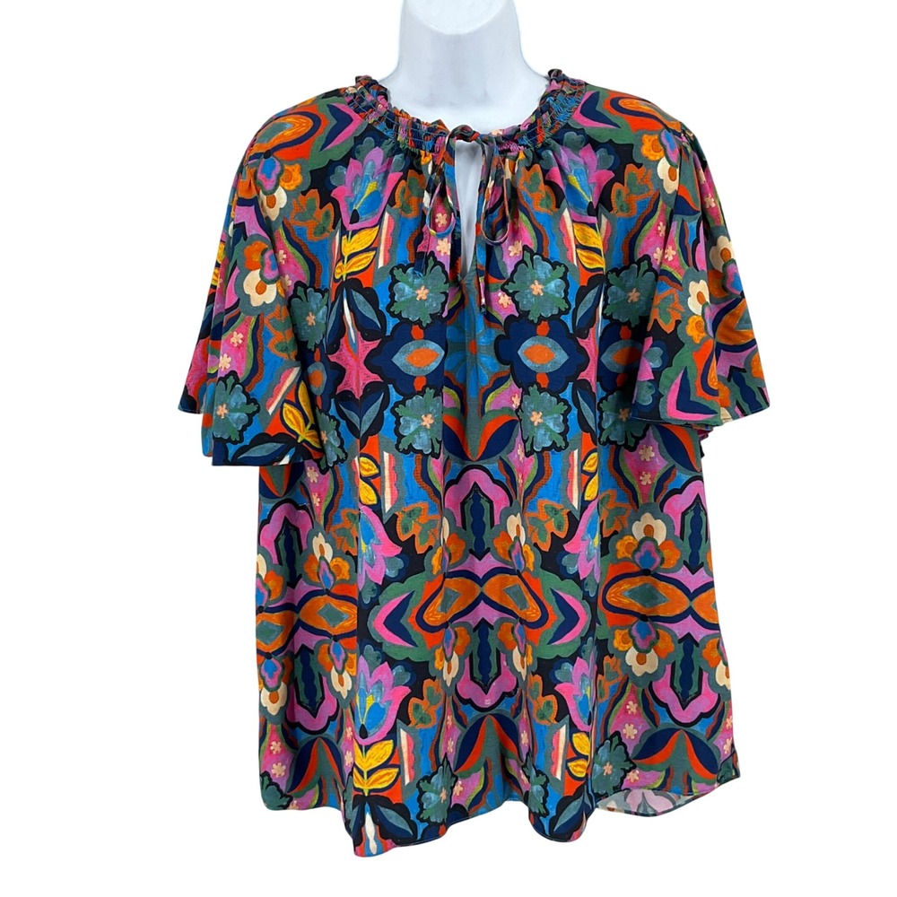 Chelsea & Theodore Blouse Women 2X Multicolor Rayon Floral Boho Ruffle Tie Neck